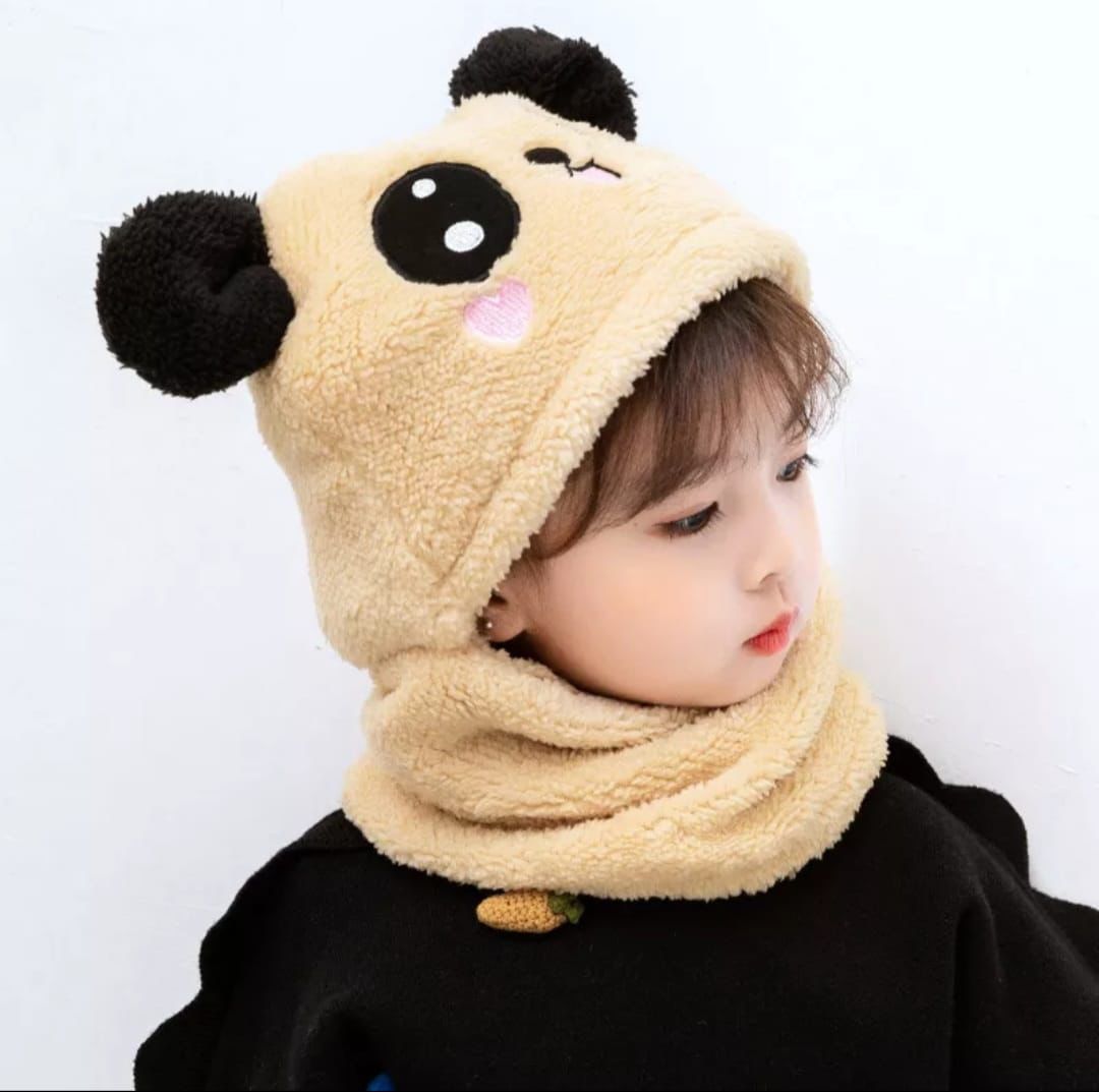 Beanie Wool Cap with Neck Warmer | Kids Cartoon Panda Winter Hat