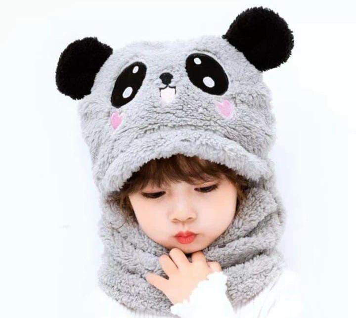 Beanie Wool Cap with Neck Warmer | Kids Cartoon Panda Winter Hat