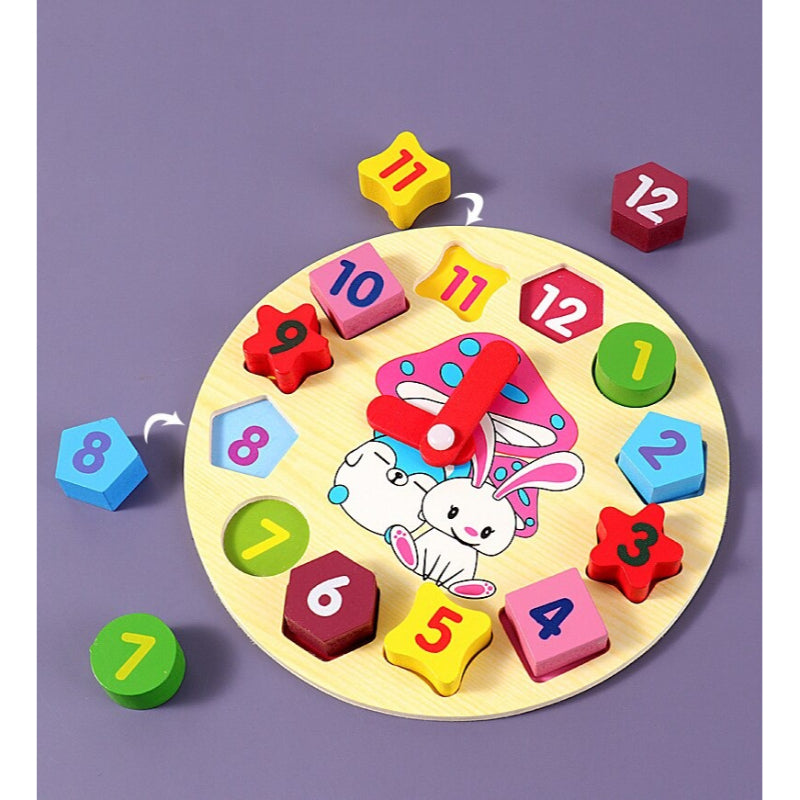 Baby Colorful Geometric Learning Wooden Clock | Premium Quality Polished Wood - Babyplay, Where Joyful Moments Begin! Baby Play Babyplay, Where Joyful Moments Begin!